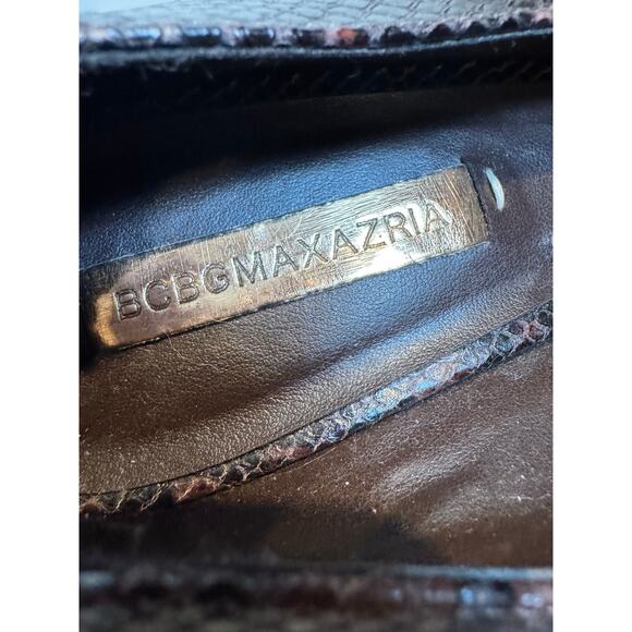 BCBGMAXAZRIA Snakeskin Jeweled Wedge Brown Peep Toe Heels Size 9.5 - Picture 7 of 9